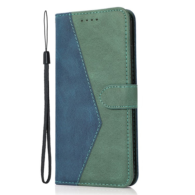 For Google Pixel 9 Pro XL Cover Color Splicing Wallet Stand Leather Phone Case with Wrist Strap - Blue+Green