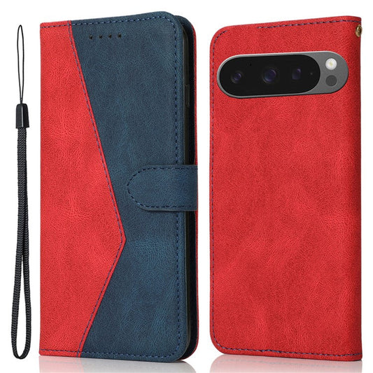 For Google Pixel 9 Pro XL Cover Color Splicing Wallet Stand Leather Phone Case with Wrist Strap - Red+Blue