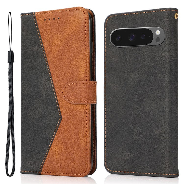 For Google Pixel 9 Pro XL Cover Color Splicing Wallet Stand Leather Phone Case with Wrist Strap - Black+Brown