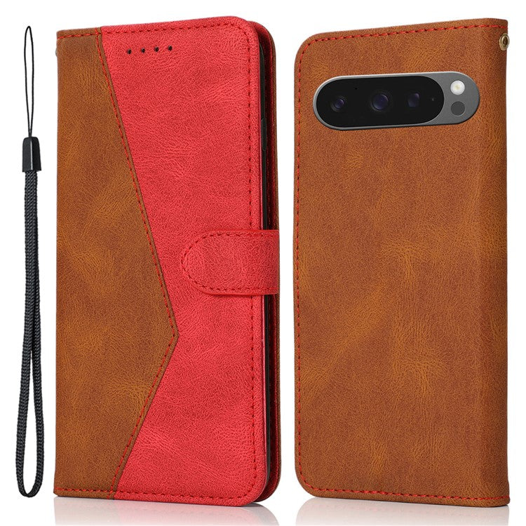 For Google Pixel 9 Pro XL Cover Color Splicing Wallet Stand Leather Phone Case with Wrist Strap - Brown+Red