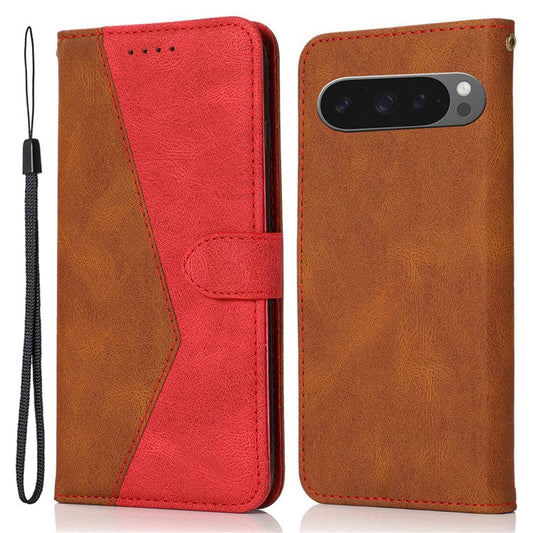 For Google Pixel 9 Pro XL Cover Color Splicing Wallet Stand Leather Phone Case with Wrist Strap - Brown+Red