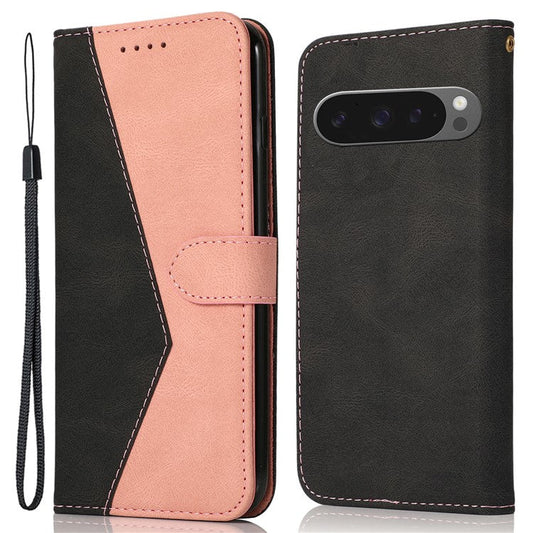 For Google Pixel 9 Pro XL Cover Color Splicing Wallet Stand Leather Phone Case with Wrist Strap - Black+Rose Gold