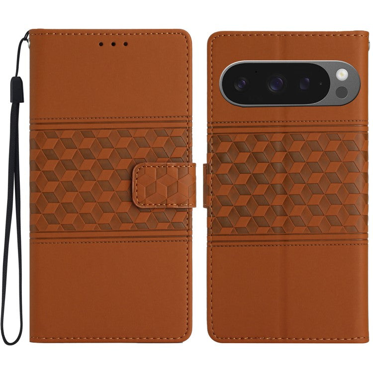 For Google Pixel 9 Pro XL Case Rhombus Leather Horizontal Flip Phone Cover - Brown