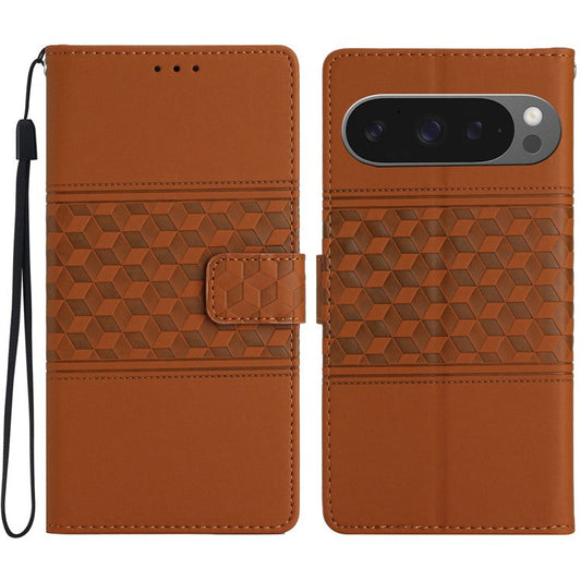 For Google Pixel 9 Pro XL Case Rhombus Leather Horizontal Flip Phone Cover - Brown