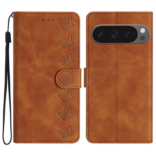 For Google Pixel 9 Pro XL Case Imprinted Butterfly Leather Wallet Phone Cover - Brown