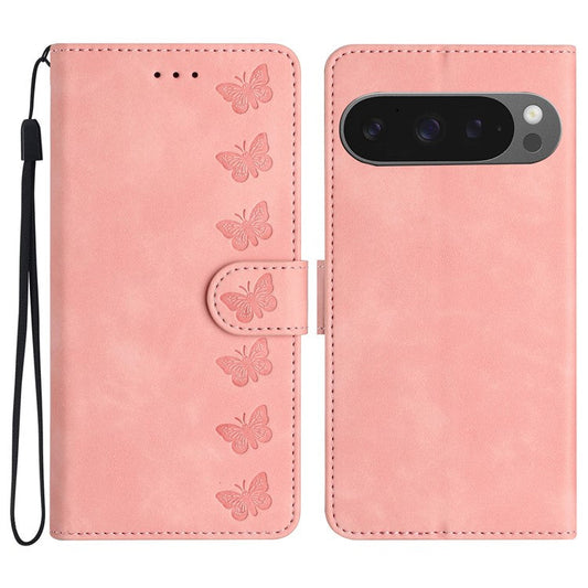 For Google Pixel 9 Pro XL Case Imprinted Butterfly Leather Wallet Phone Cover - Pink