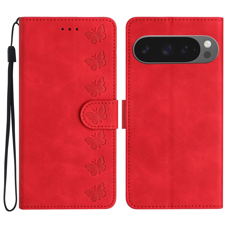 For Google Pixel 9 Pro XL Case Imprinted Butterfly Leather Wallet Phone Cover - Red