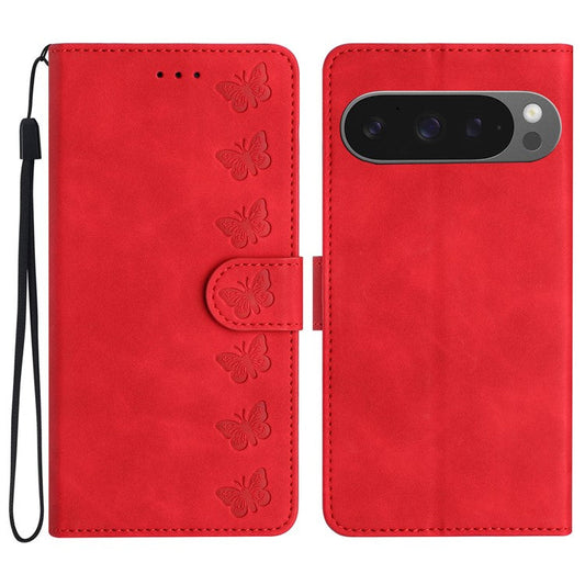 For Google Pixel 9 Pro XL Case Imprinted Butterfly Leather Wallet Phone Cover - Red