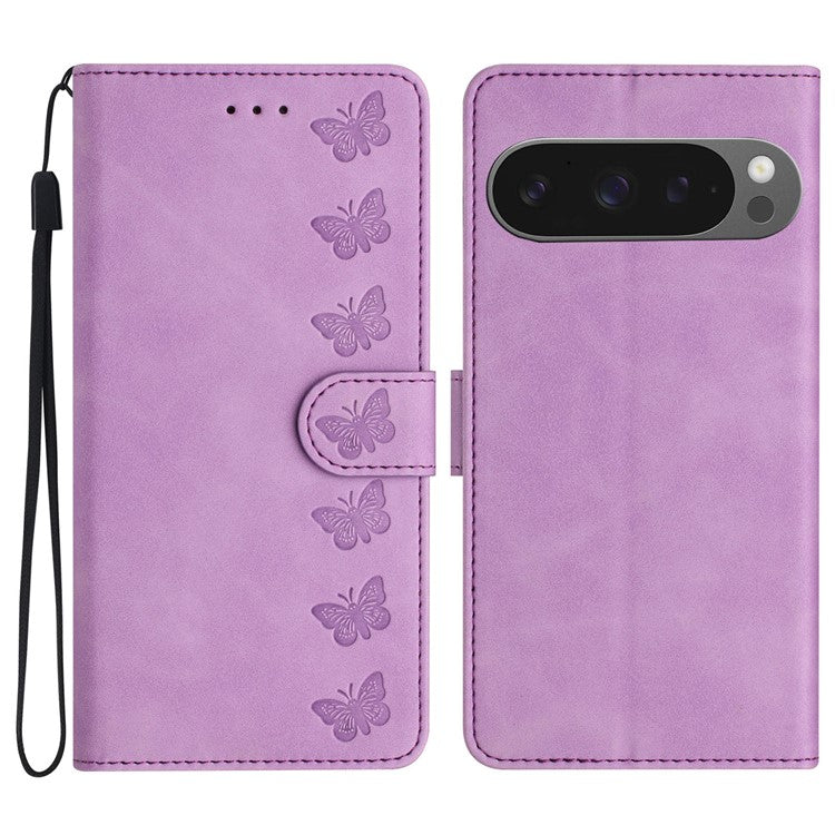 For Google Pixel 9 Pro XL Case Imprinted Butterfly Leather Wallet Phone Cover - Purple