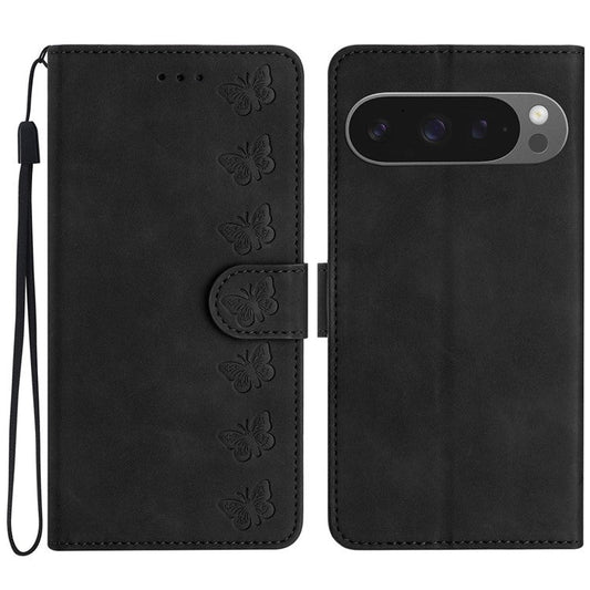 For Google Pixel 9 Pro XL Case Imprinted Butterfly Leather Wallet Phone Cover - Black