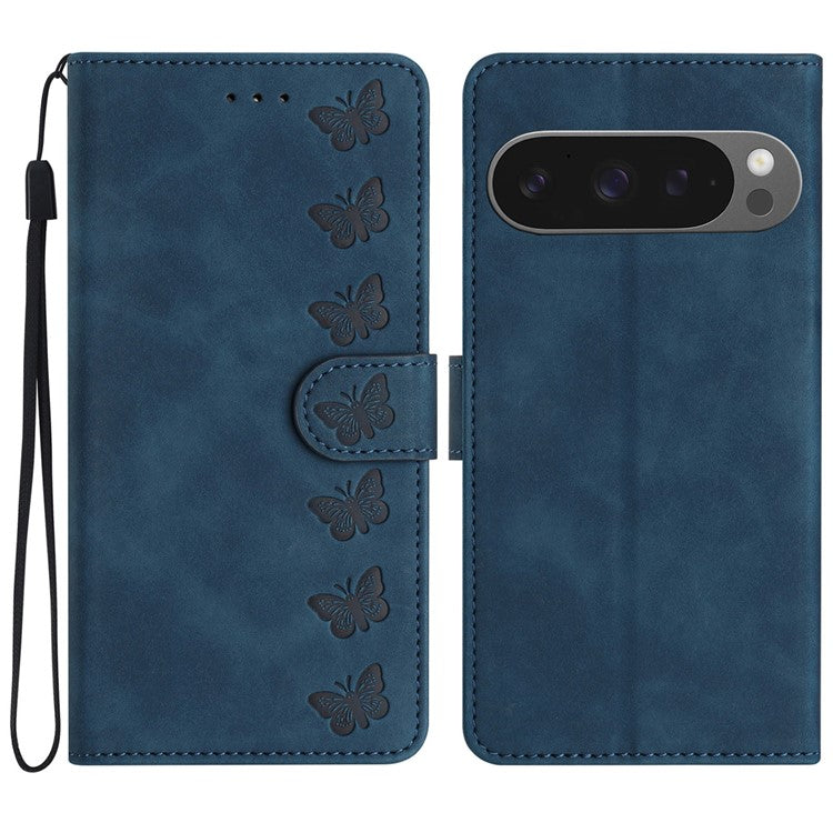 For Google Pixel 9 Pro XL Case Imprinted Butterfly Leather Wallet Phone Cover - Blue