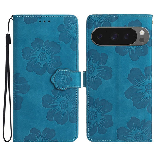 For Google Pixel 9 Pro XL Case Flower Design Leather Wallet Phone Cover with Wrist Strap - Blue