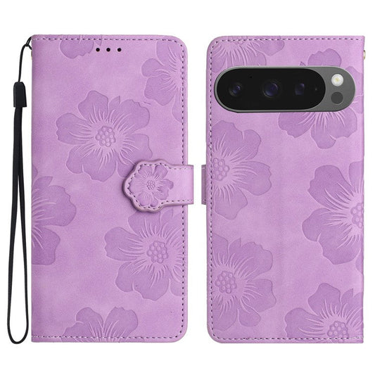 For Google Pixel 9 Pro XL Case Flower Design Leather Wallet Phone Cover with Wrist Strap - Purple