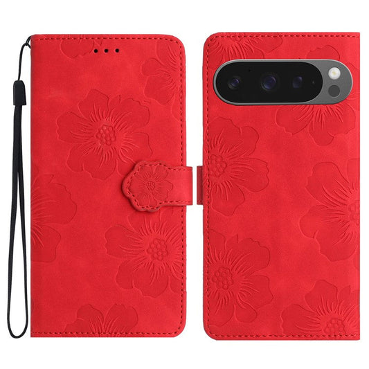For Google Pixel 9 Pro XL Case Flower Design Leather Wallet Phone Cover with Wrist Strap - Red