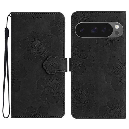 For Google Pixel 9 Pro XL Case Flower Design Leather Wallet Phone Cover with Wrist Strap - Black