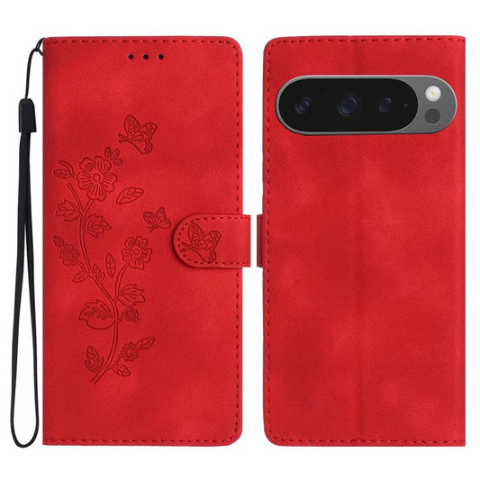 For Google Pixel 9 Pro XL Case Leather Imprinted Flower Phone Cover Wallet with Wrist Strap - Red