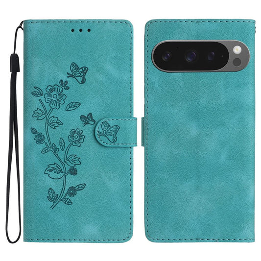 For Google Pixel 9 Pro XL Case Leather Imprinted Flower Phone Cover Wallet with Wrist Strap - Sky Blue