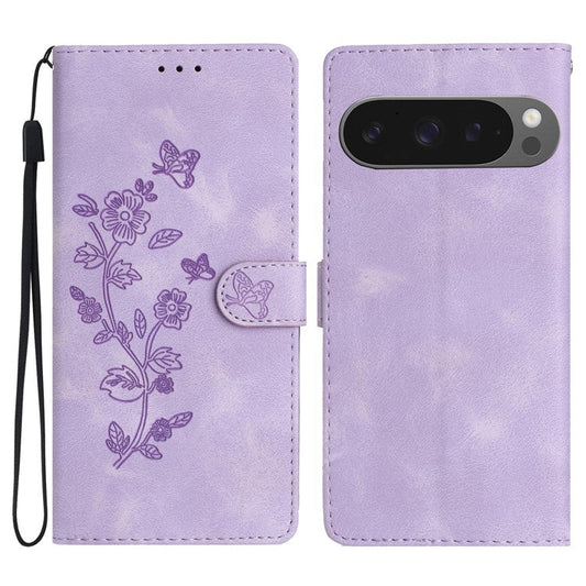 For Google Pixel 9 Pro XL Case Leather Imprinted Flower Phone Cover Wallet with Wrist Strap - Purple