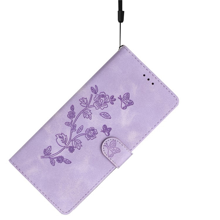 For Google Pixel 9 Pro XL Case Leather Imprinted Flower Phone Cover Wallet with Wrist Strap - Purple