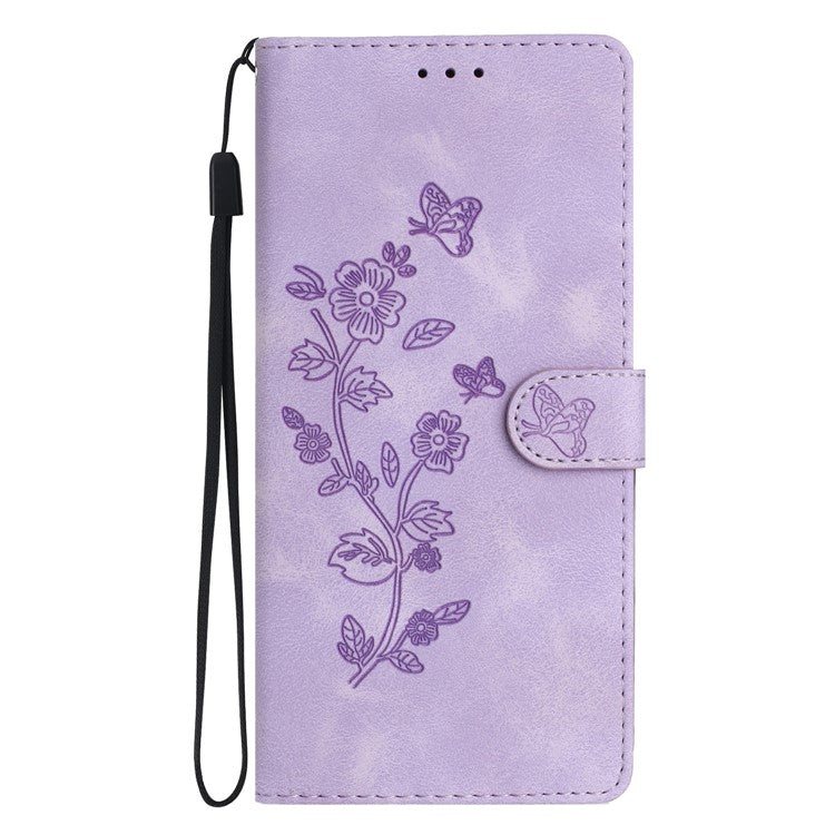 For Google Pixel 9 Pro XL Case Leather Imprinted Flower Phone Cover Wallet with Wrist Strap - Purple
