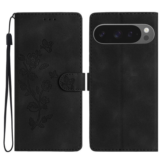 For Google Pixel 9 Pro XL Case Leather Imprinted Flower Phone Cover Wallet with Wrist Strap - Black