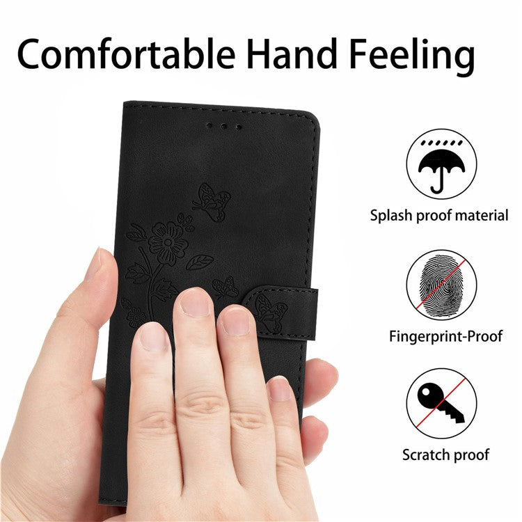 For Google Pixel 9 Pro XL Case Leather Imprinted Flower Phone Cover Wallet with Wrist Strap - Black