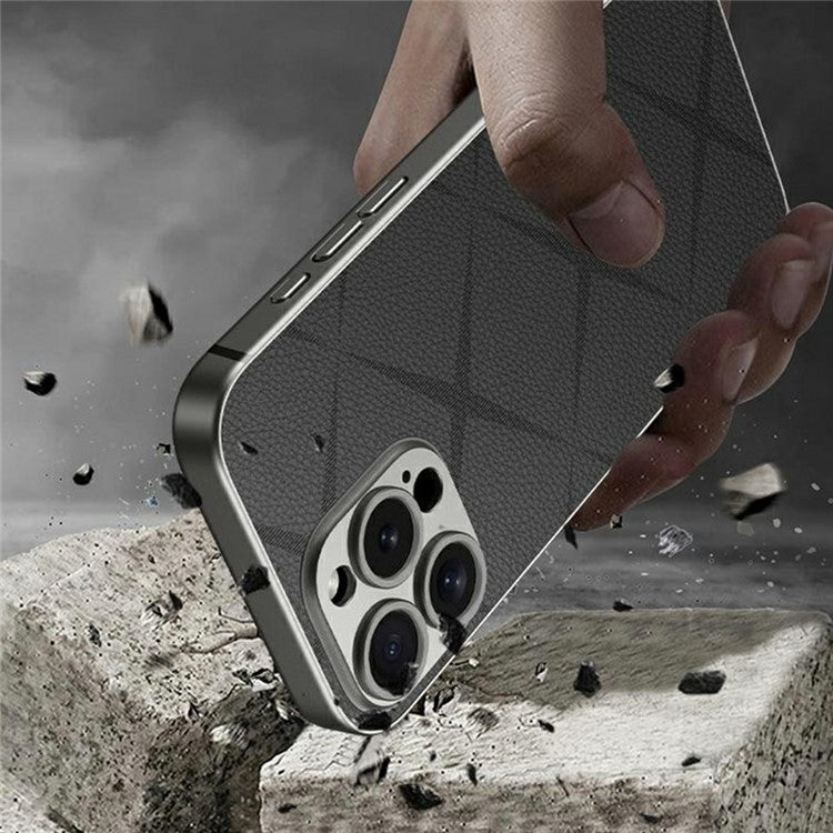 GKK For iPhone 16 Pro Case Textured PU Leather Covered TPU+PC Anti-Fingerprint Phone Cover - Black