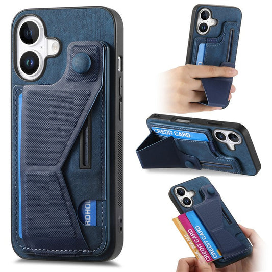 For iPhone 16 Plus Case Retro Leather Back Cover Card Slot Side Kickstand - Blue