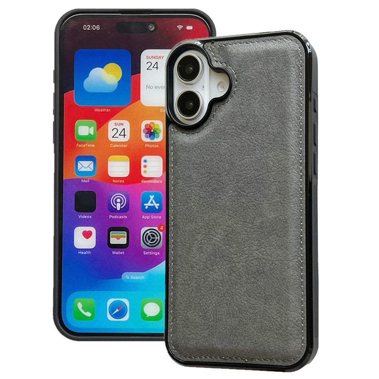 For iPhone 16 Plus Case Calf Texture PU Leather Anti-Fingerprint Back Phone Cover - Grey