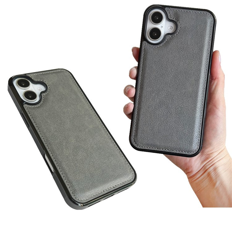For iPhone 16 Plus Case Calf Texture PU Leather Anti-Fingerprint Back Phone Cover - Grey