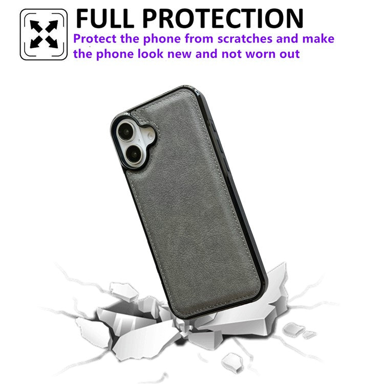 For iPhone 16 Plus Case Calf Texture PU Leather Anti-Fingerprint Back Phone Cover - Grey