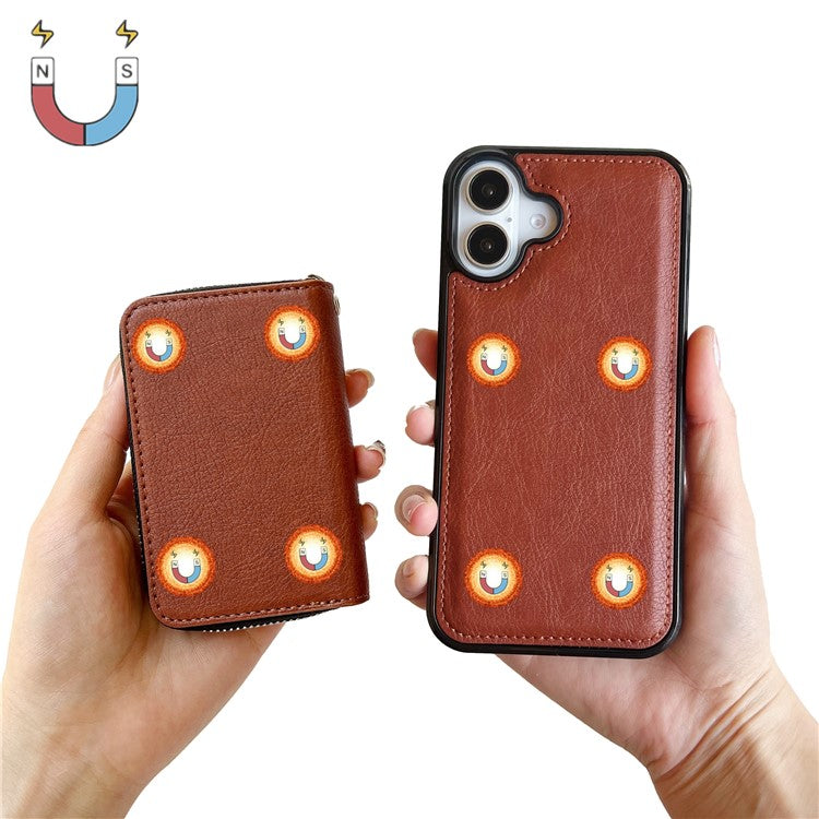For iPhone 16 Case Detachable Zipper Card Bag PU+TPU Kickstand Phone Case with Strap - Brown