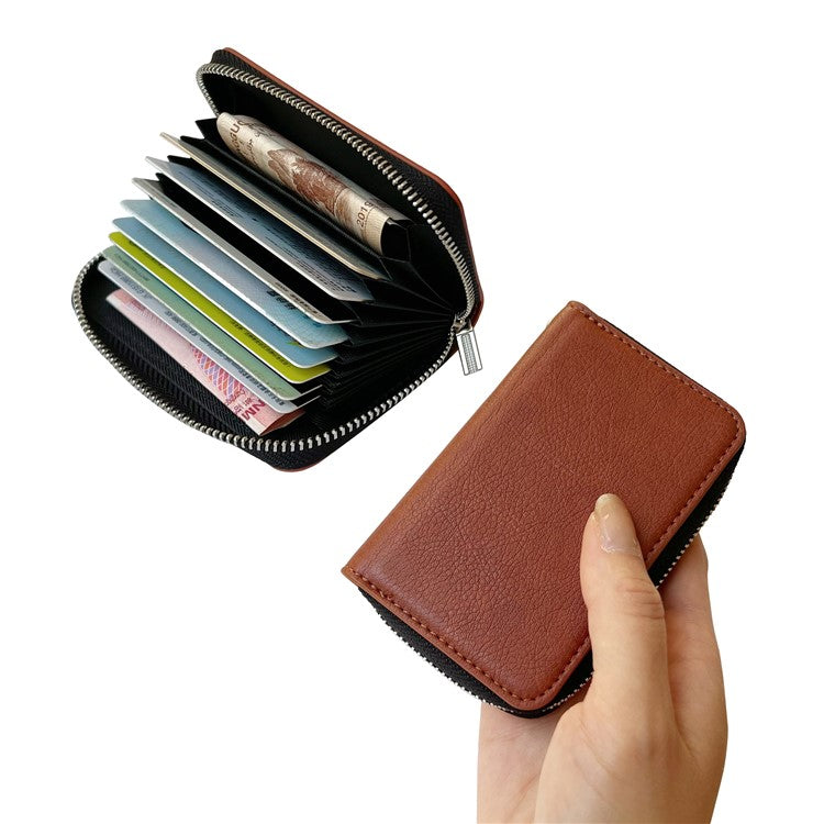 For iPhone 16 Case Detachable Zipper Card Bag PU+TPU Kickstand Phone Case with Strap - Brown