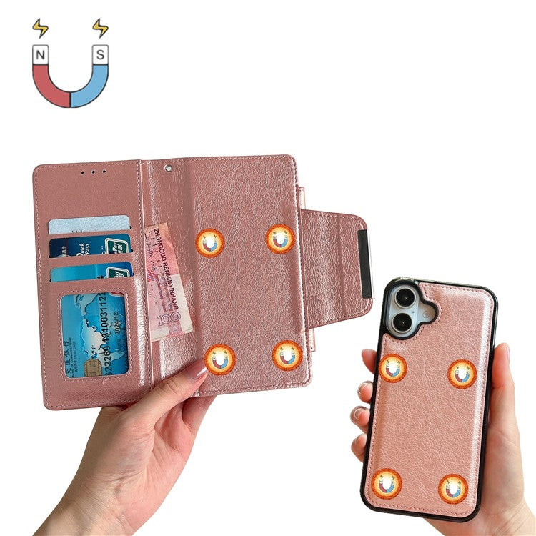 For iPhone 16 Plus Case Detachable 2-in-1 Magnetic Closure PU Leather Wallet Phone Case - Rose Gold