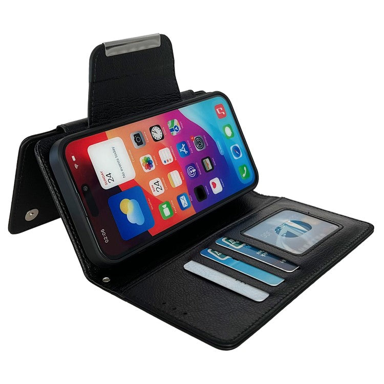 For iPhone 16 Case Detachable 2-in-1 Magnetic Closure PU Leather Wallet Phone Case - Black