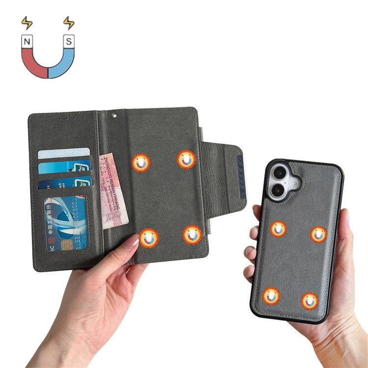 For iPhone 16 Case Detachable 2-in-1 Magnetic Closure PU Leather Wallet Phone Case - Grey