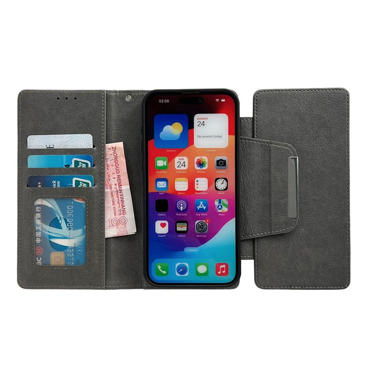 For iPhone 16 Case Detachable 2-in-1 Magnetic Closure PU Leather Wallet Phone Case - Grey