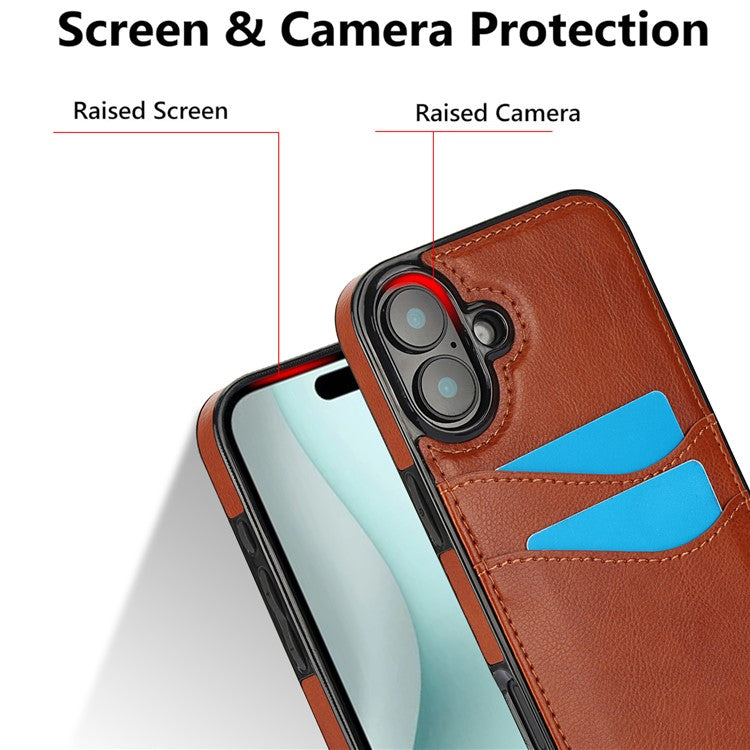 For iPhone 16 Case Card Slot Slim-Fit PU+TPU Mobile Cover - Brown