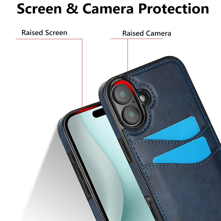 For iPhone 16 Plus Case Card Slot Slim-Fit PU+TPU Mobile Cover - Blue