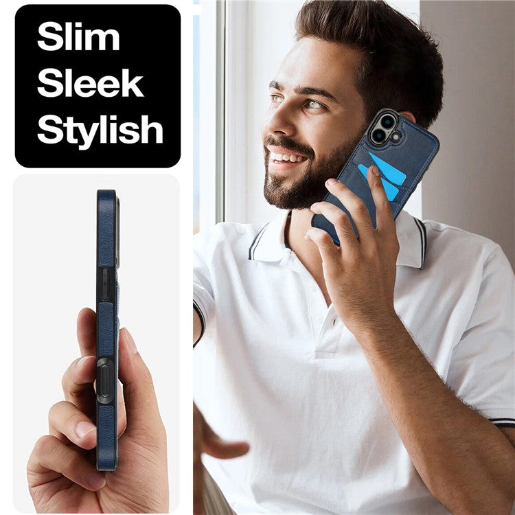 For iPhone 16 Plus Case Card Slot Slim-Fit PU+TPU Mobile Cover - Blue