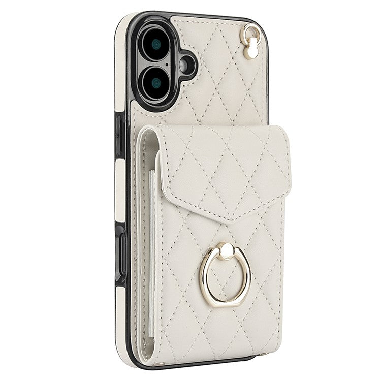 For iPhone 16 Case Card Bag Leather+TPU Crossbody Phone Cover with Ring Kickstand - Beige