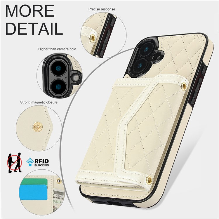 For iPhone 16 Case Card Holders RFID Blocking PU Leather+TPU Phone Cover with Shoulder Strap - White