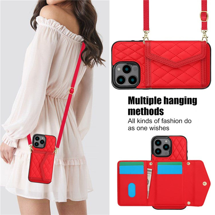 For iPhone 16 Pro Case Card Holders RFID Blocking PU Leather+TPU Phone Cover with Shoulder Strap - Red