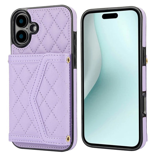 For iPhone 16 Plus Case Card Holders RFID Blocking PU Leather+TPU Phone Cover with Shoulder Strap - Purple