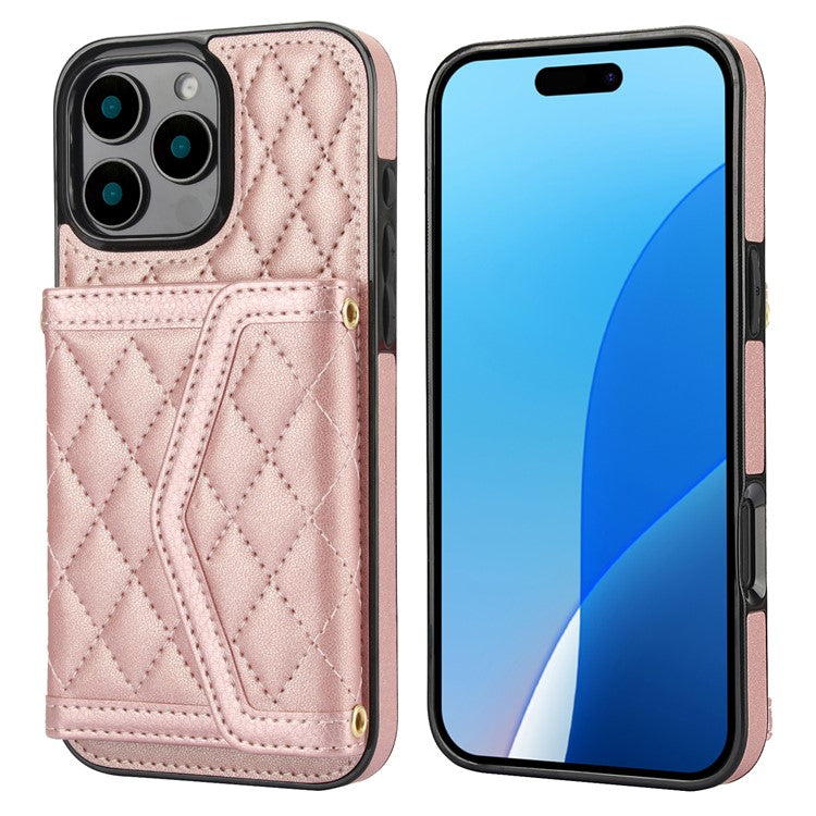 For iPhone 16 Pro Max Case Card Holders RFID Blocking PU Leather+TPU Phone Cover with Shoulder Strap - Rose Gold