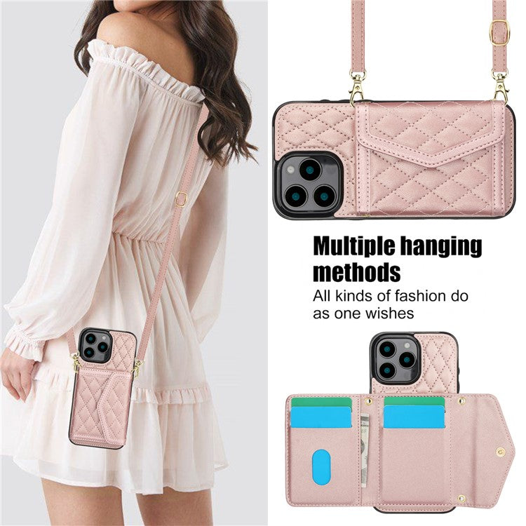 For iPhone 16 Pro Max Case Card Holders RFID Blocking PU Leather+TPU Phone Cover with Shoulder Strap - Rose Gold