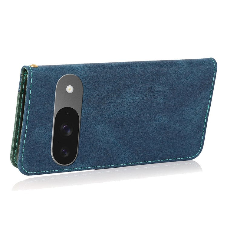 For Google Pixel 9 / Pixel 9 Pro Cover Color Splicing Wallet Stand Leather Phone Case with Wrist Strap - Blue+Green
