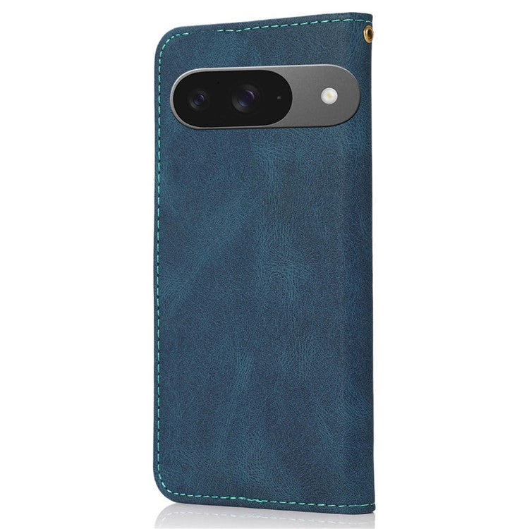 For Google Pixel 9 / Pixel 9 Pro Cover Color Splicing Wallet Stand Leather Phone Case with Wrist Strap - Blue+Green