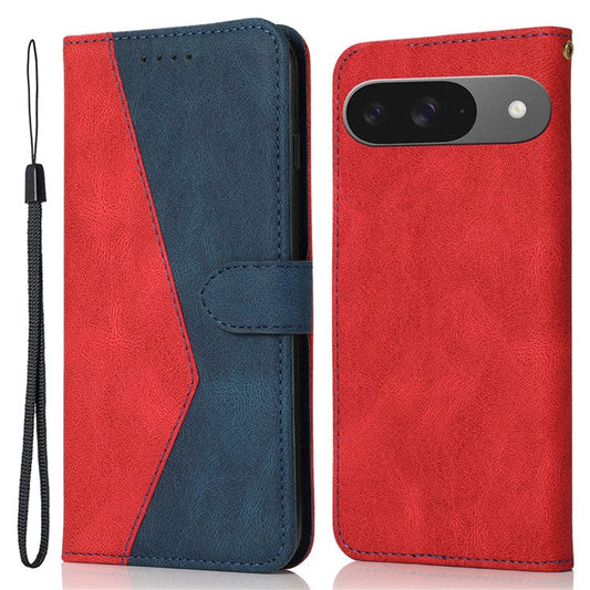 For Google Pixel 9 / Pixel 9 Pro Cover Color Splicing Wallet Stand Leather Phone Case with Wrist Strap - Red+Blue