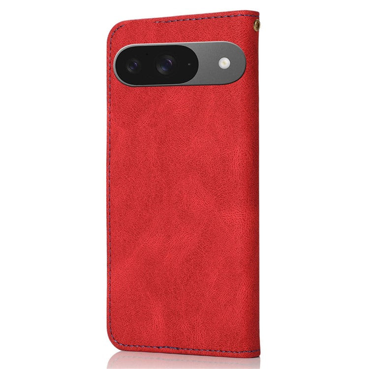 For Google Pixel 9 / Pixel 9 Pro Cover Color Splicing Wallet Stand Leather Phone Case with Wrist Strap - Red+Blue